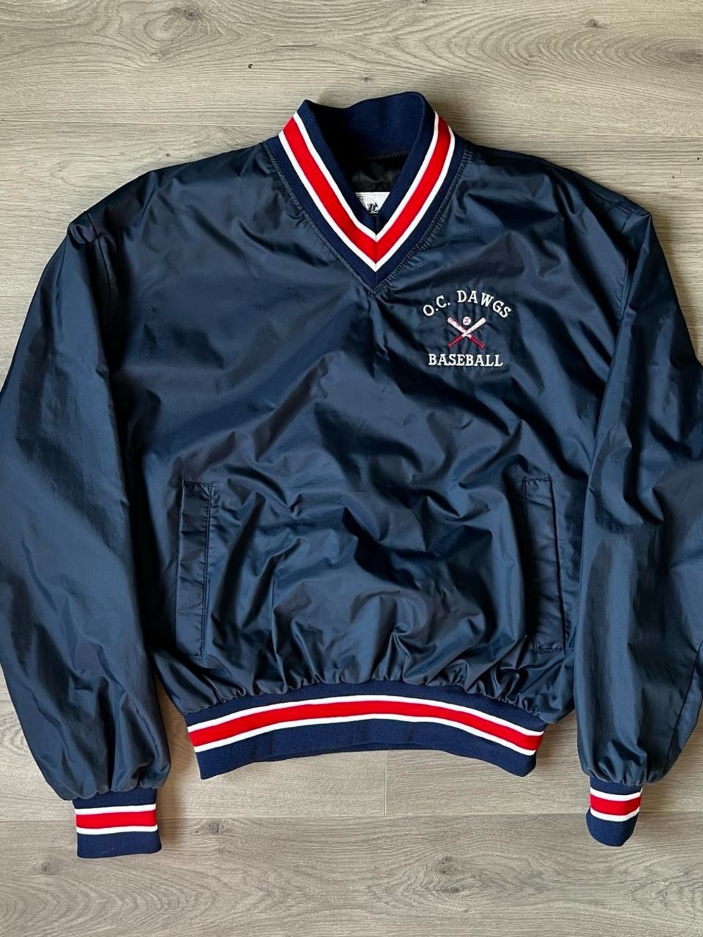 C&L Custom Navy Blue Windbreaker With Red and White Accents